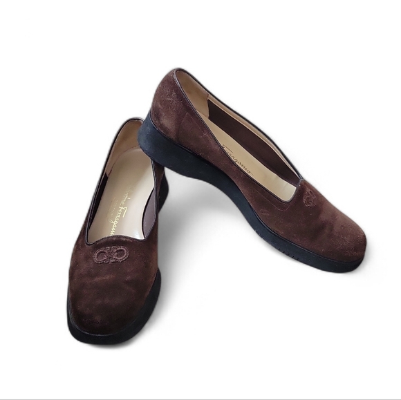 Salvatore Ferragamo Shoes - Salvatore Ferragamo Stitched Gancini Bit Wedge Loafer in Brown Suede